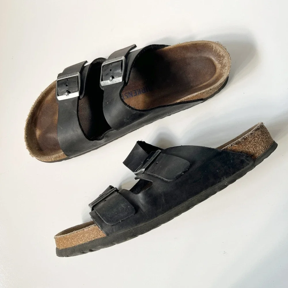 Birkenstock Arizona Sandals 43 Black Oiled Leather Soft Footbed Slides Mens
